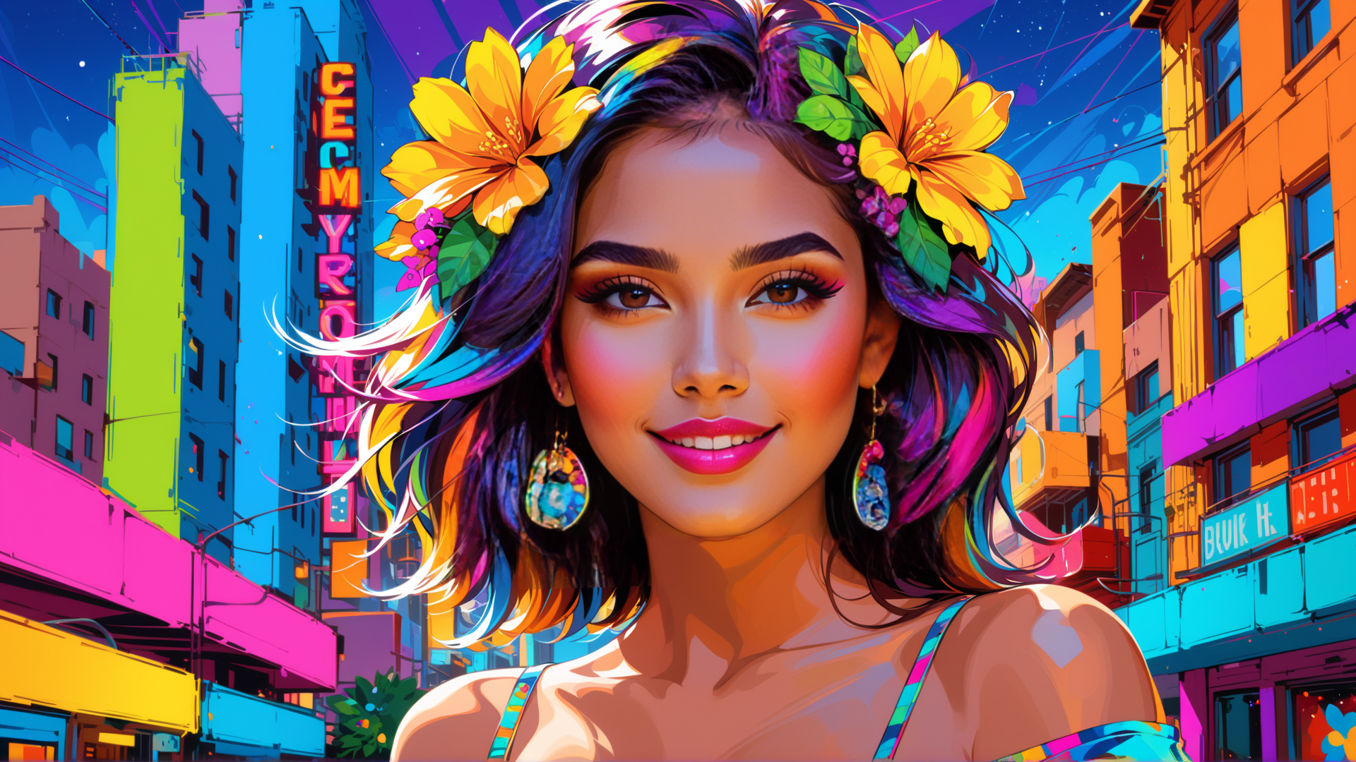AI generated wallpaper featuring woman, cityscape, flowers
