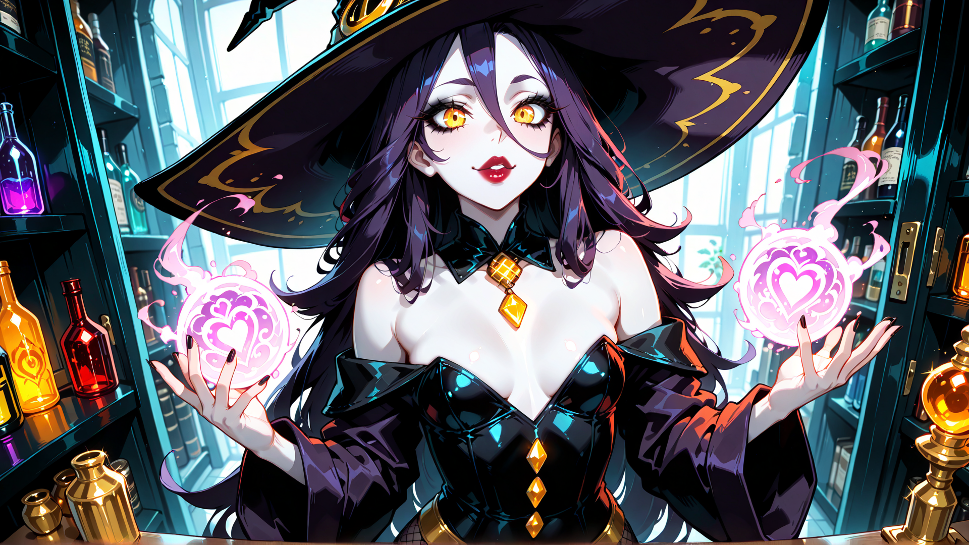 AI generated wallpaper featuring witch, woman, bottle, sphere, hat, dress, magic, heart, bookshelf