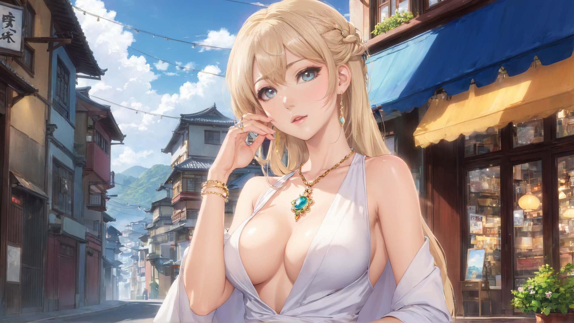 AI generated wallpaper featuring woman, street, building