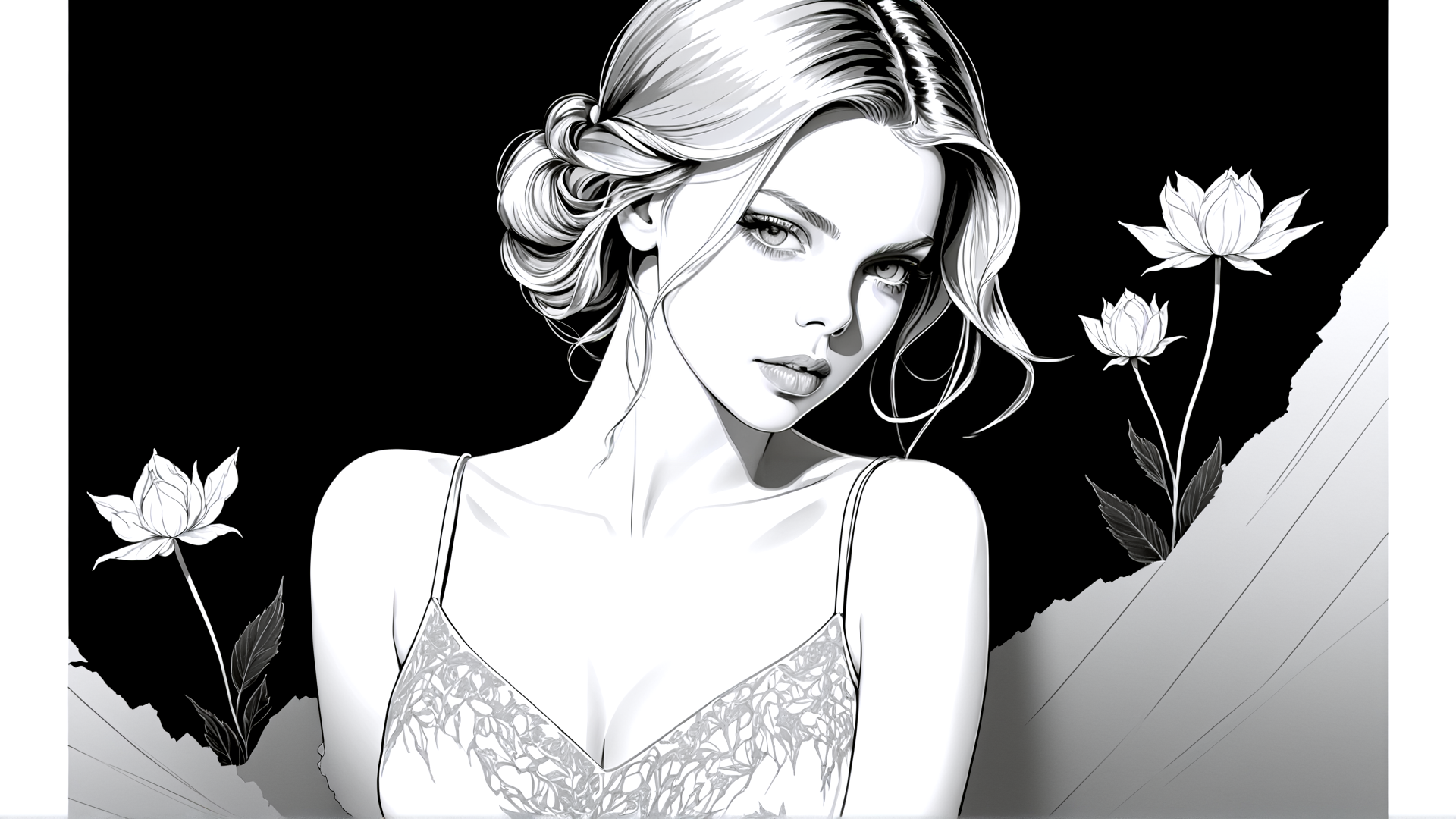 AI generated wallpaper featuring woman, lotus, hair, bra, flower