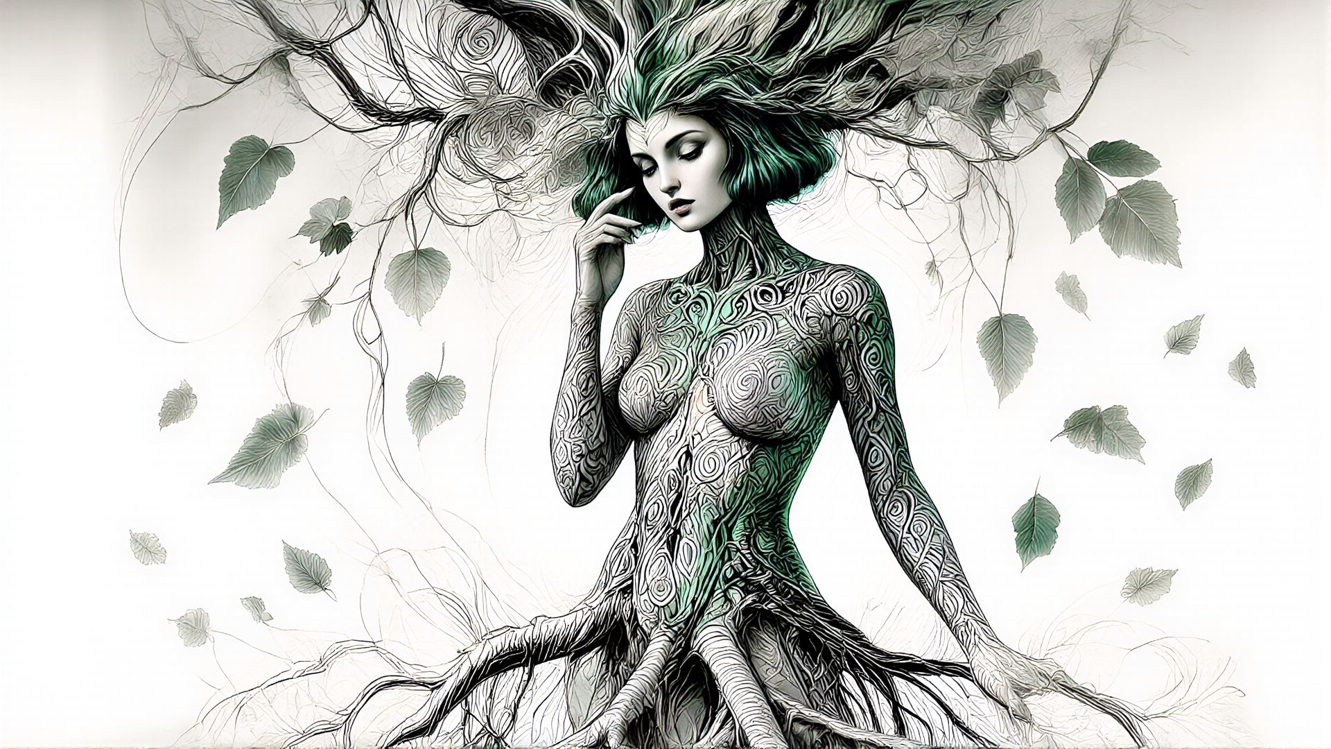 AI generated wallpaper featuring tree spirit, woman, roots, leaves, nature