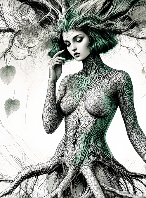 tree spirit, woman, roots, leaves, nature