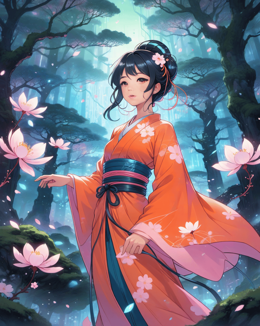 AI generated wallpaper featuring woman, kimono, lotus