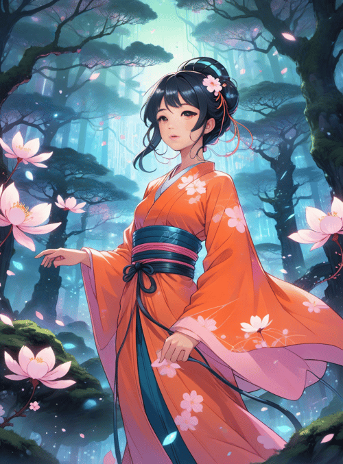 woman, kimono, lotus