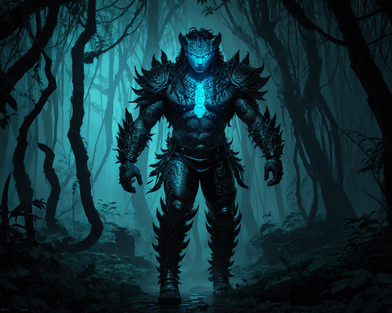AI generated wallpaper featuring demon, warrior, forest