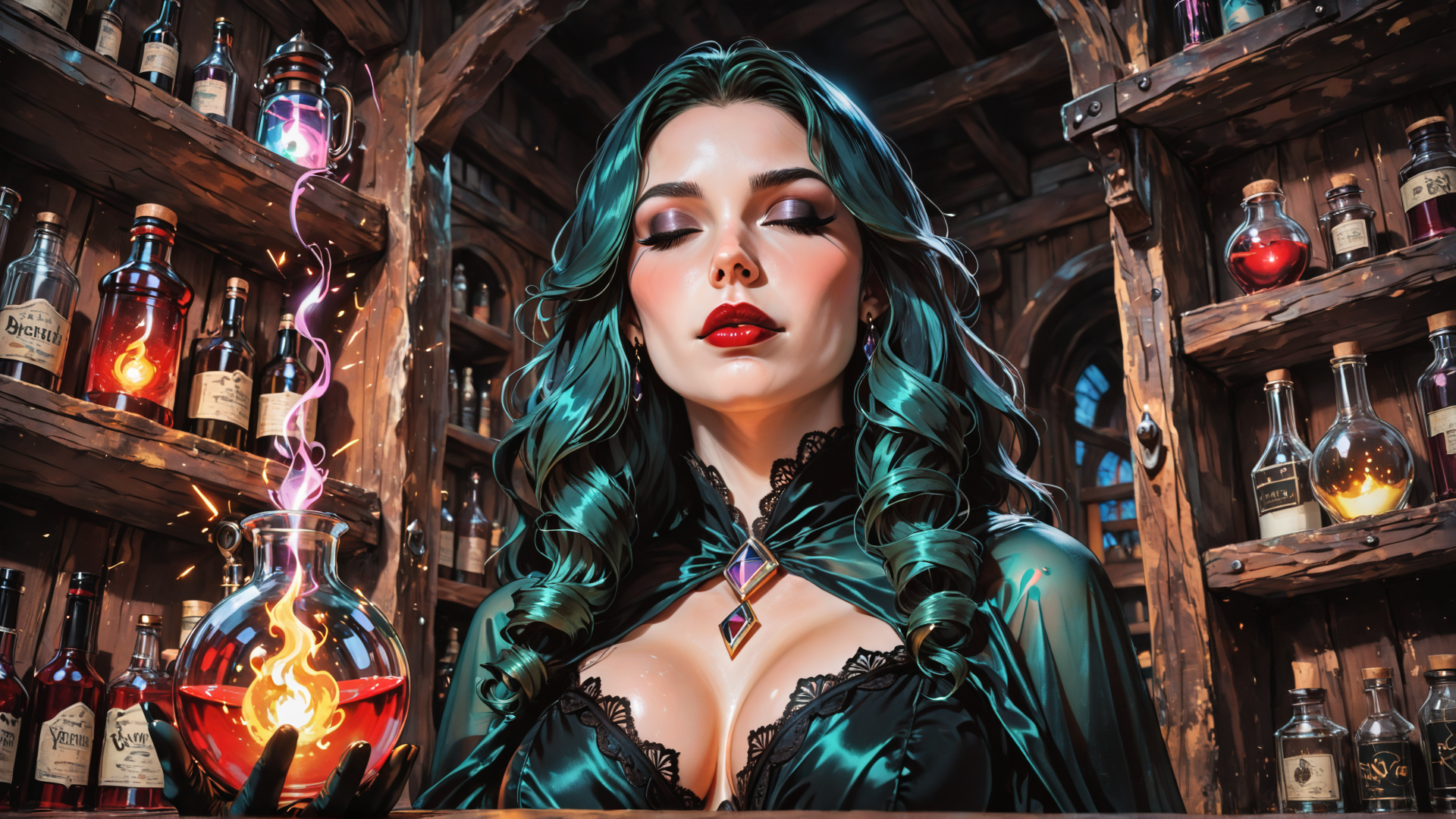 AI generated wallpaper featuring woman, witch, alchemist, bottles, flame, vial, laboratory, spells, candle, shelves