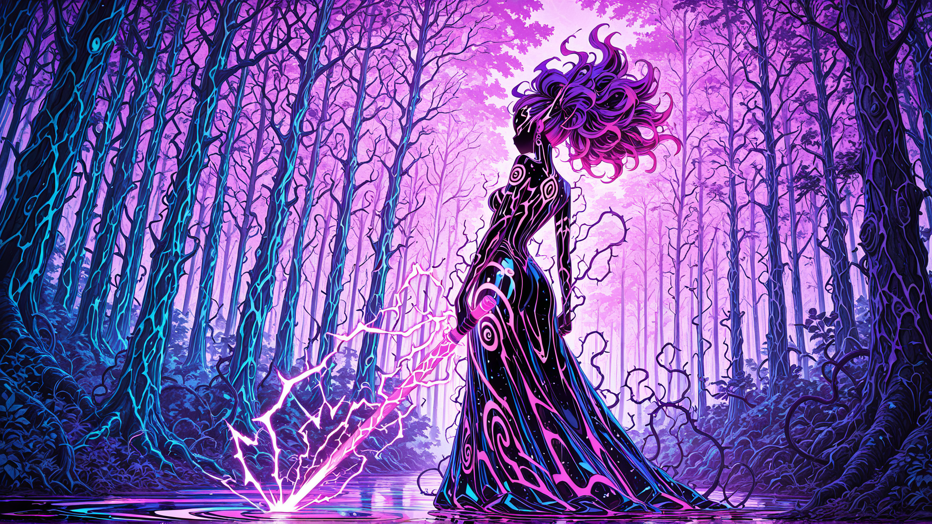 AI generated wallpaper featuring woman, forest, trees, lightning, dress