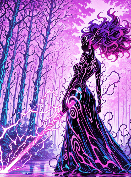 woman, forest, trees, lightning, dress