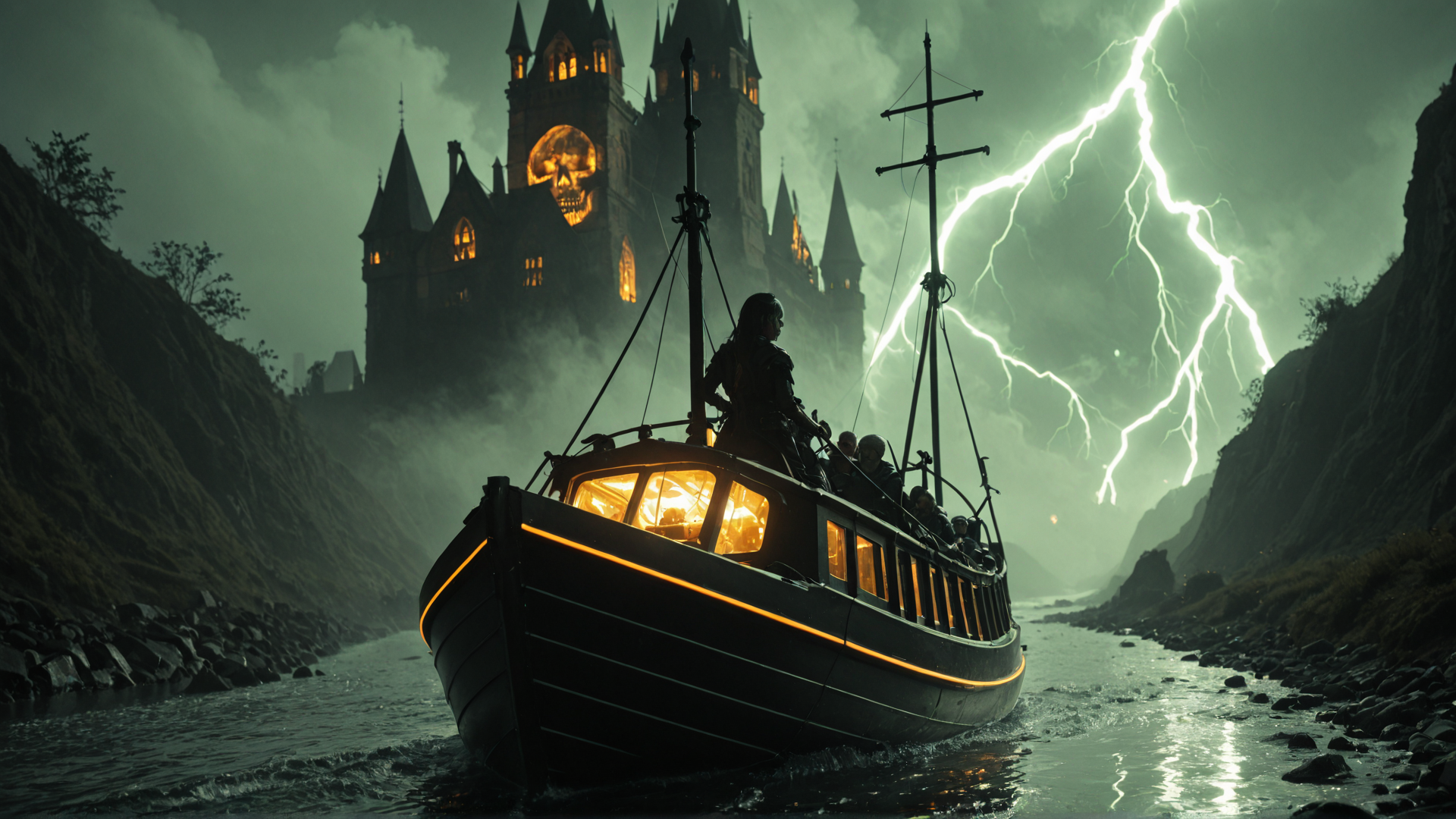 AI generated wallpaper featuring boat, castle, lightning