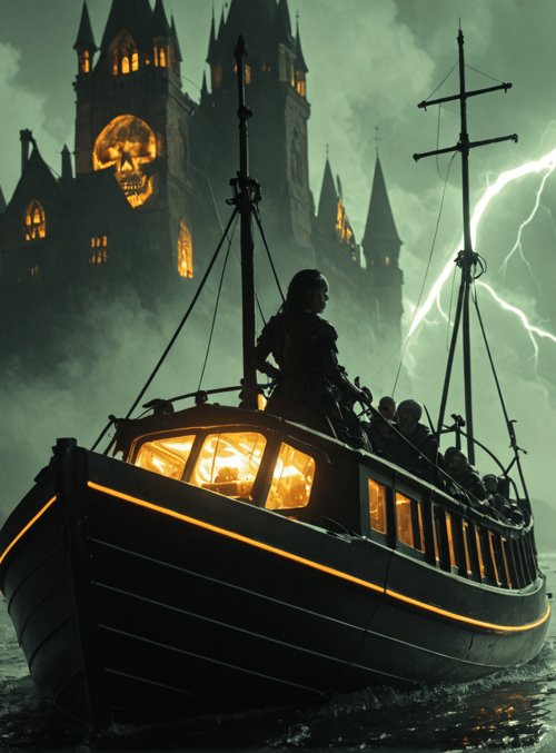 boat, castle, lightning
