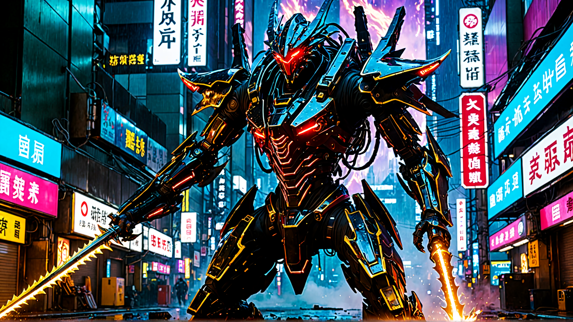AI generated wallpaper featuring robot, mecha, sword, city, neon, signs, street, armor, digital, giant