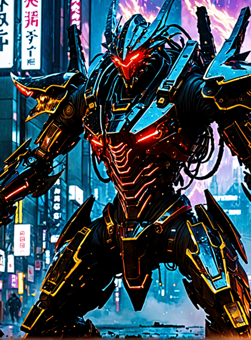 robot, mecha, sword, city, neon, signs, street, armor, digital, giant