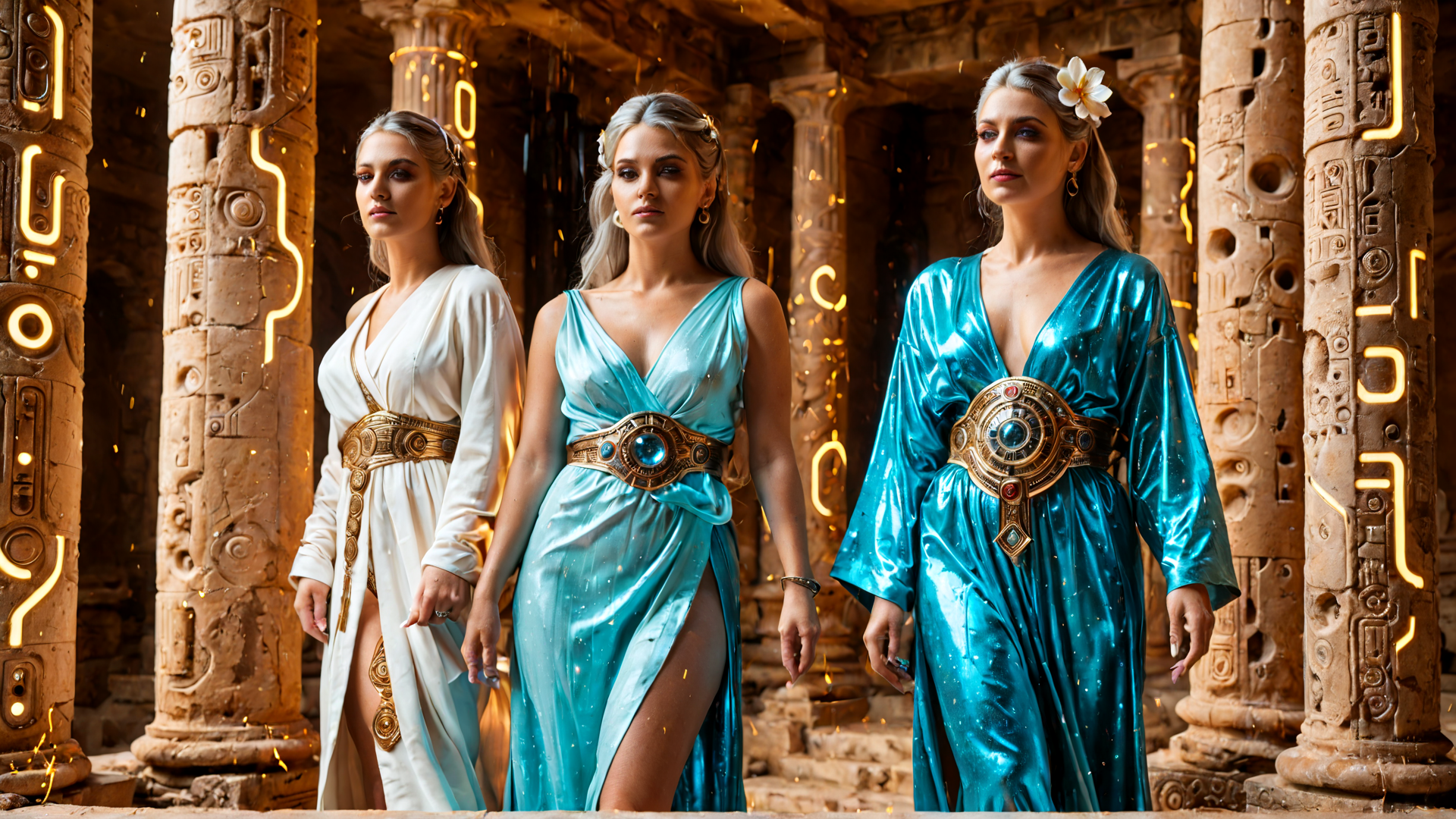 AI generated wallpaper featuring women, ancient, columns, dress, belts, flower, stone, sacred, glow, sparkles