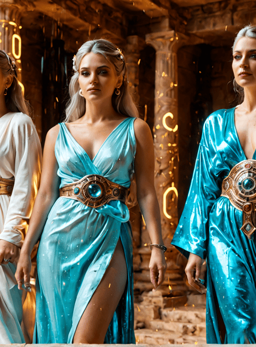 women, ancient, columns, dress, belts, flower, stone, sacred, glow, sparkles