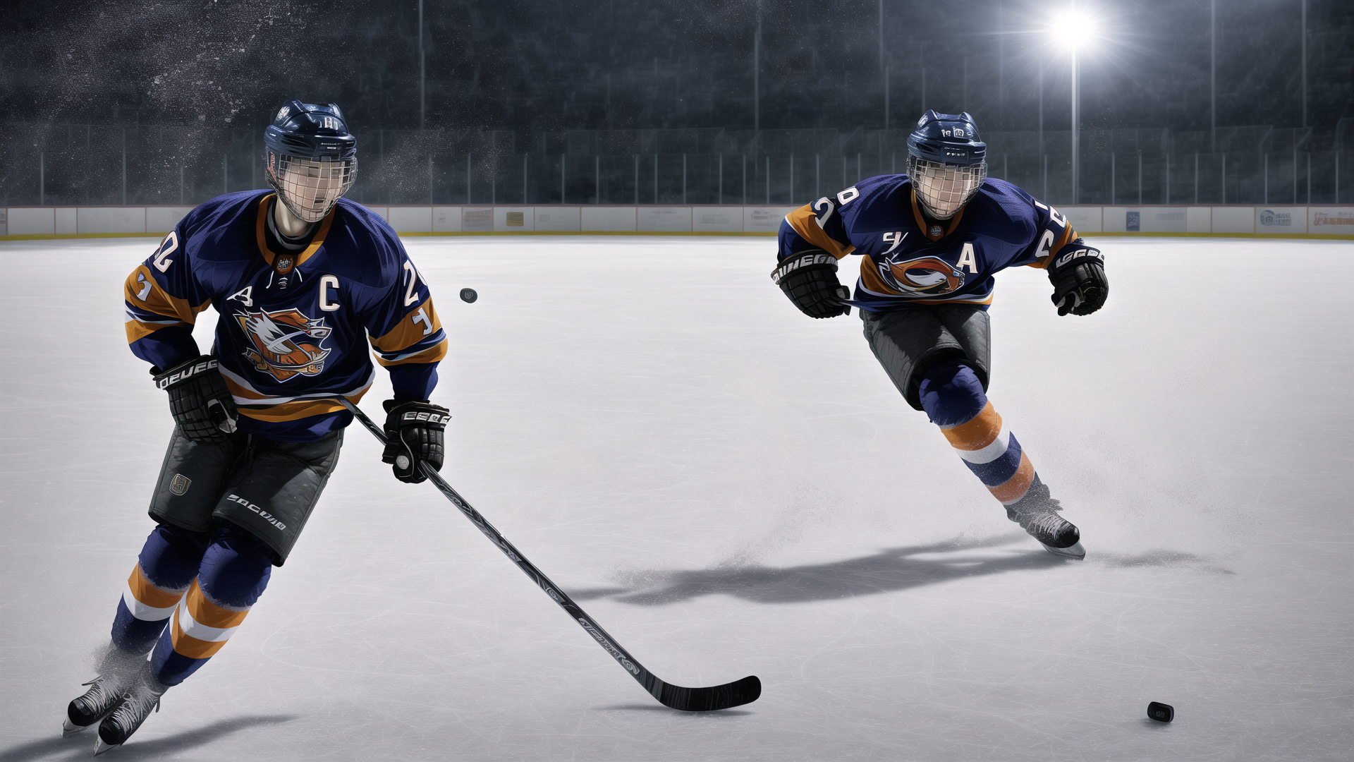 AI generated wallpaper featuring hockey players, ice hockey, puck, skates, helmet, jersey, stick, rink, uniform, gloves