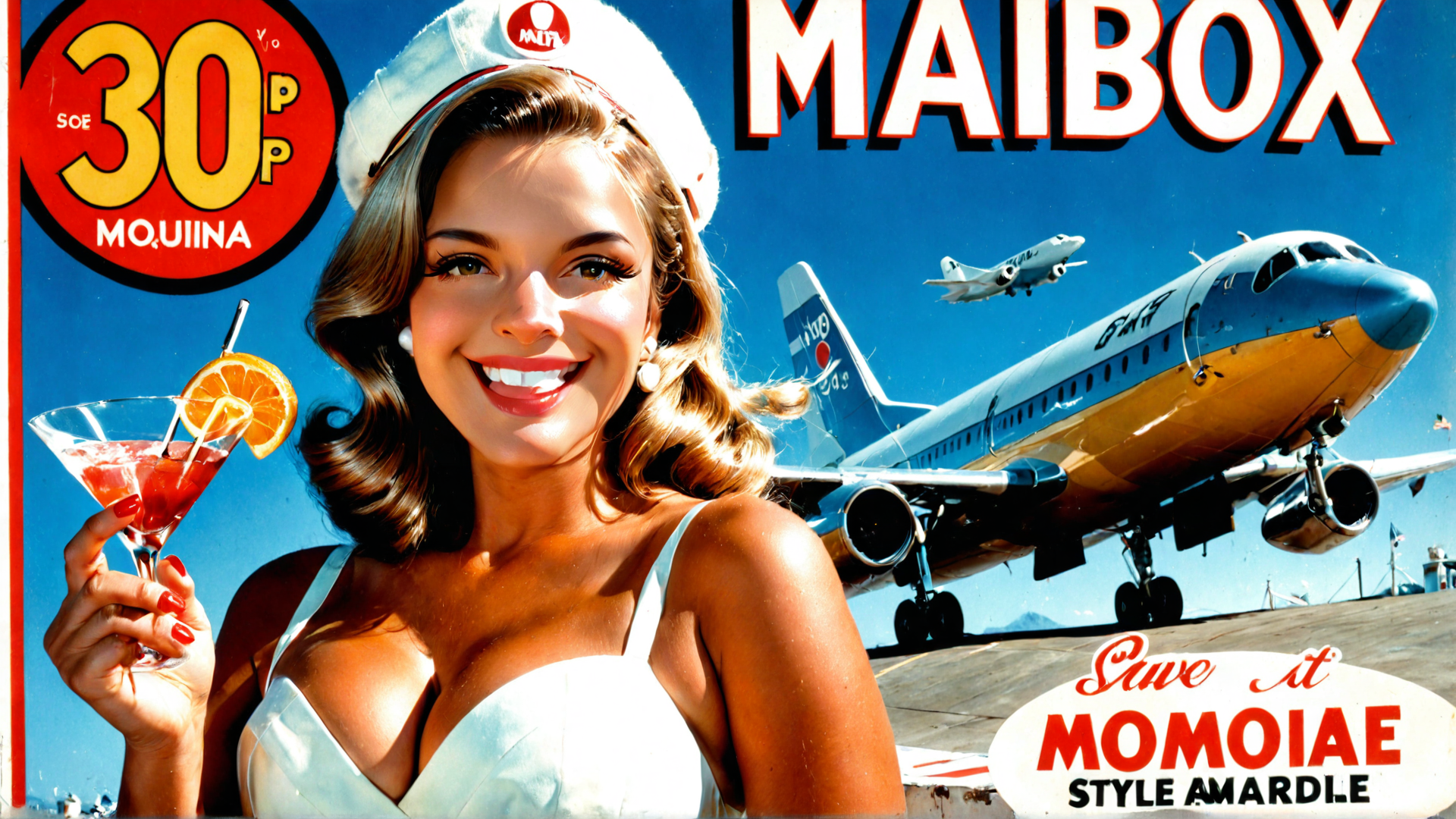 AI generated wallpaper featuring woman, airplane, cocktail, hat, drink