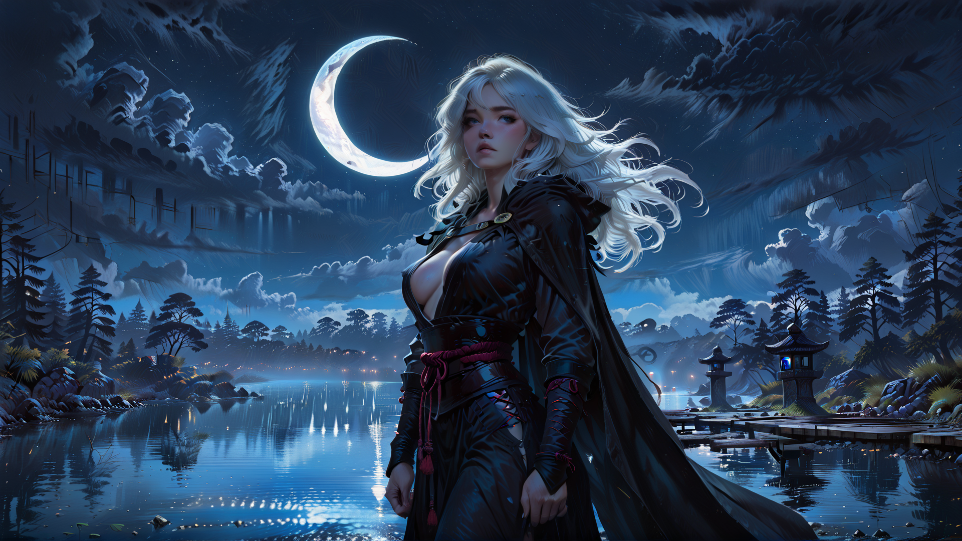 AI generated wallpaper featuring woman, moon, lake, trees, lantern
