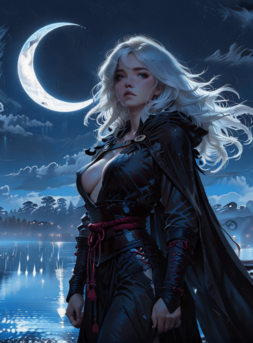 woman, moon, lake, trees, lantern