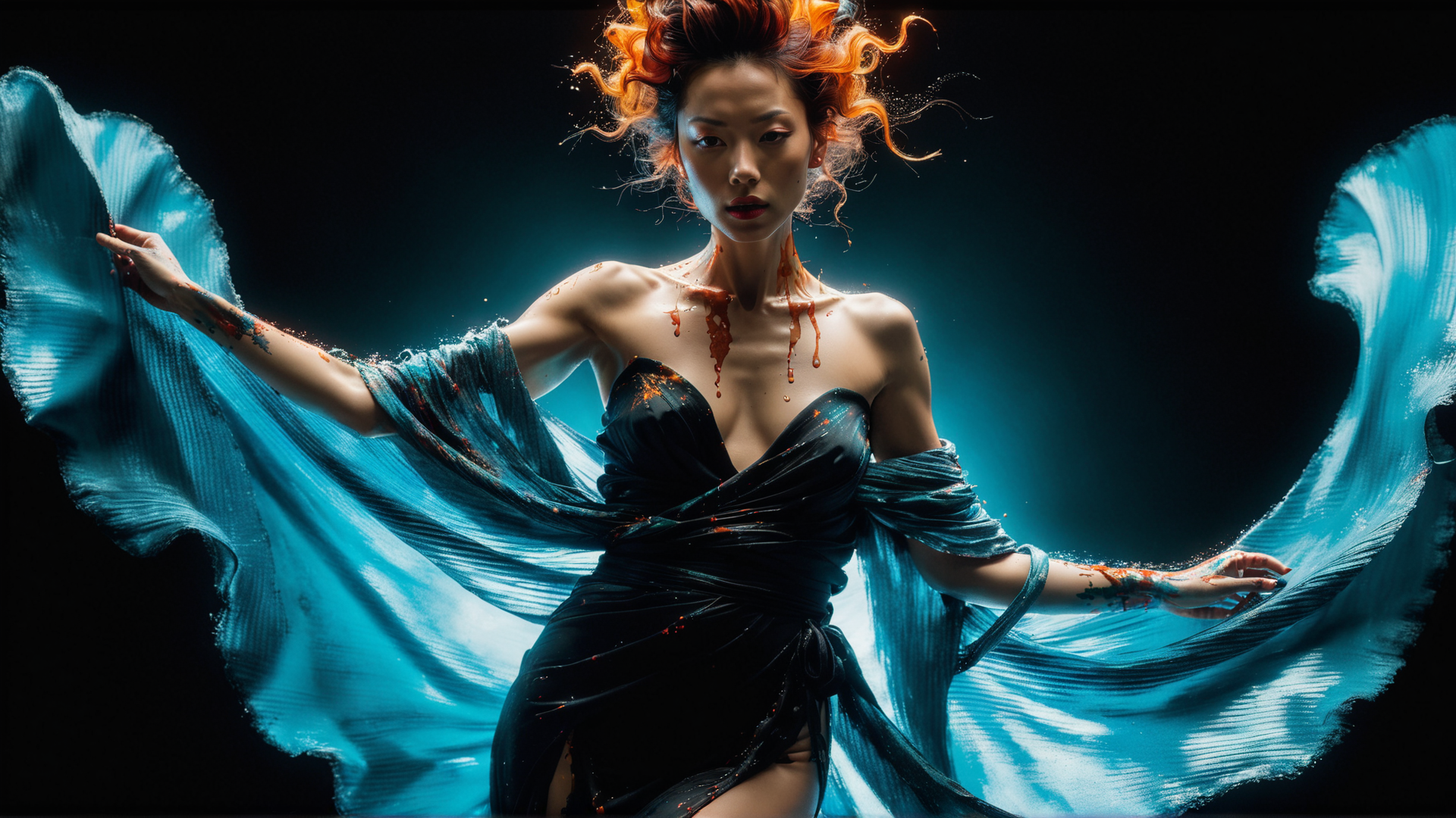 AI generated wallpaper featuring woman, dress, hair, sleeves, blood