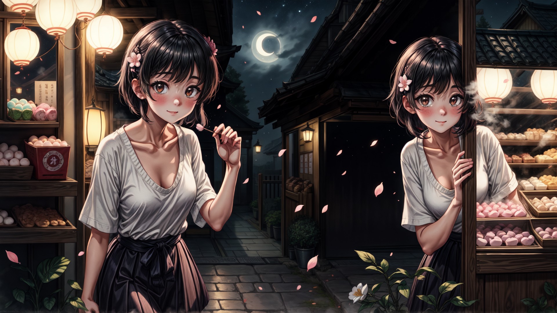 AI generated wallpaper featuring girl, street, lantern, sakura, shop, moon, food, blossom, traditional, store