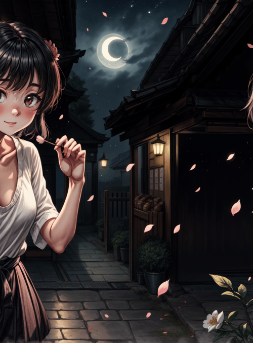 girl, street, lantern, sakura, shop, moon, food, blossom, traditional, store