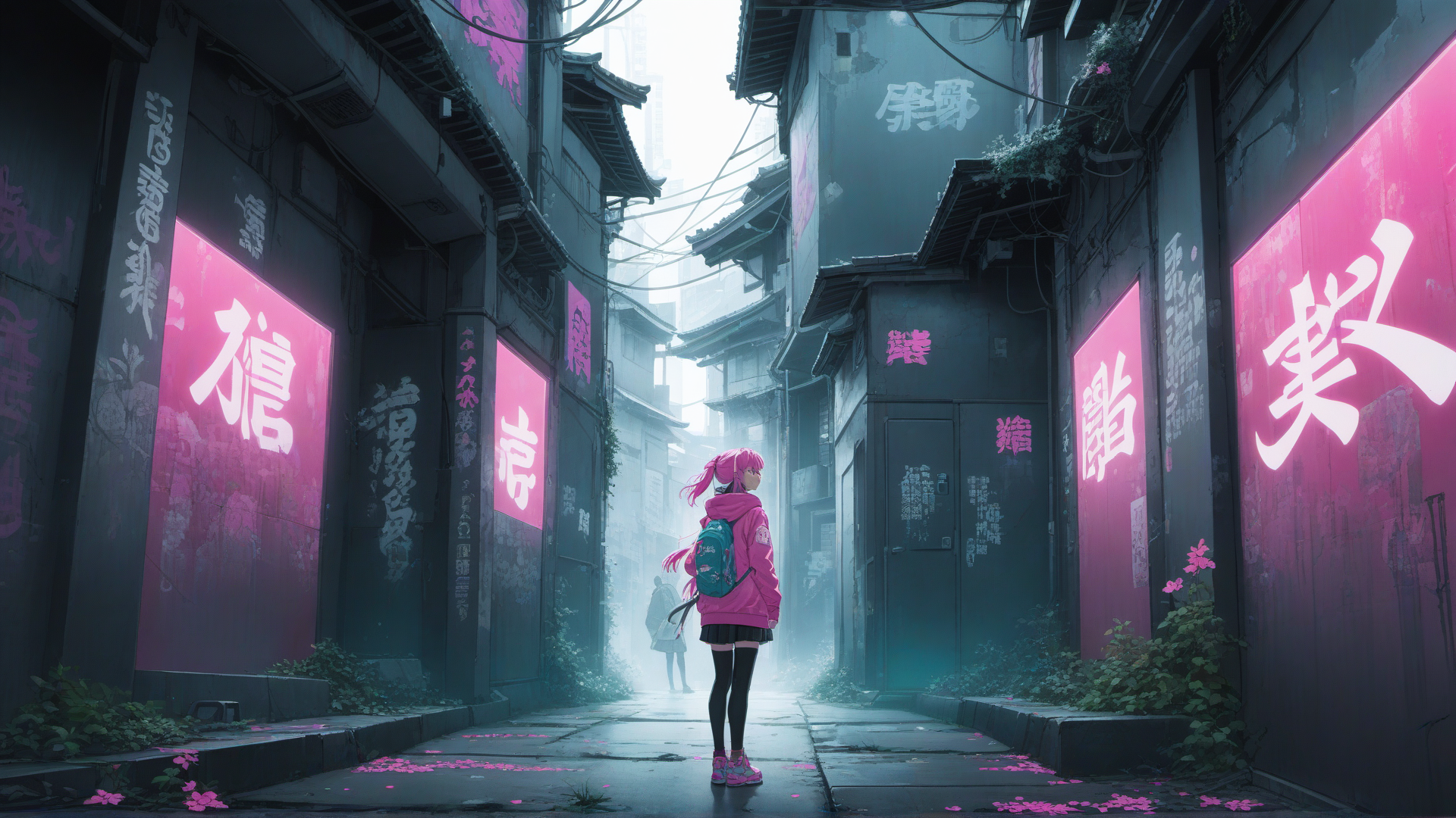 AI generated wallpaper featuring girl, alley, signs