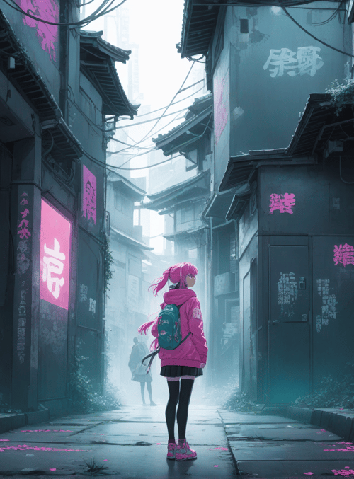 girl, alley, signs