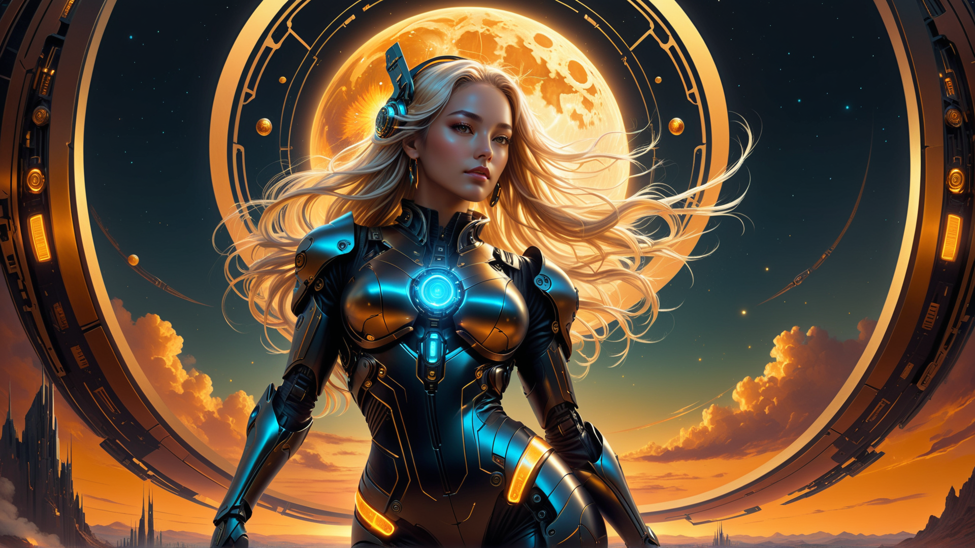 AI generated wallpaper featuring cyborg, woman, armor, moon, cityscape, circles