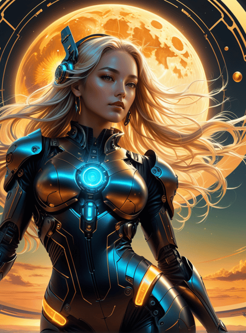 cyborg, woman, armor, moon, cityscape, circles