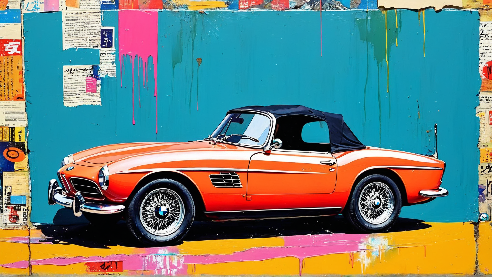 AI generated wallpaper featuring car, wall, paint, posters, street