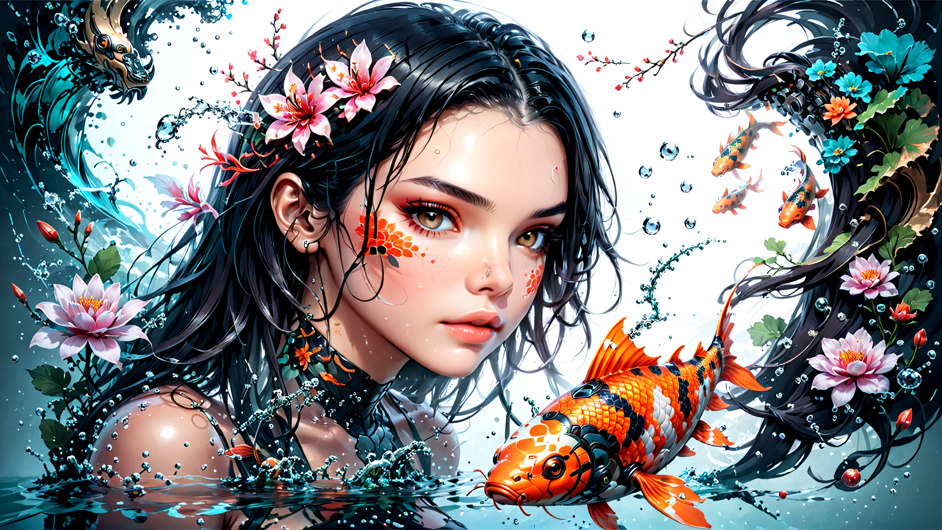 AI generated wallpaper featuring woman, koi fish, dragon, lotus, flower, water