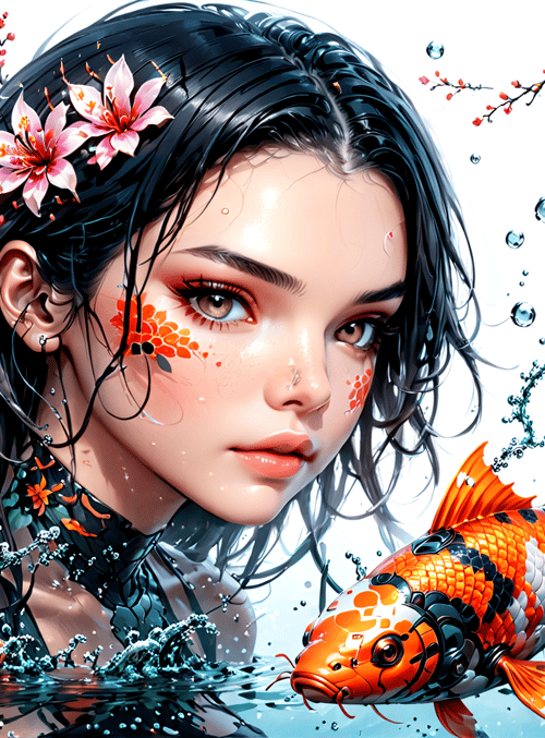 woman, koi fish, dragon, lotus, flower, water