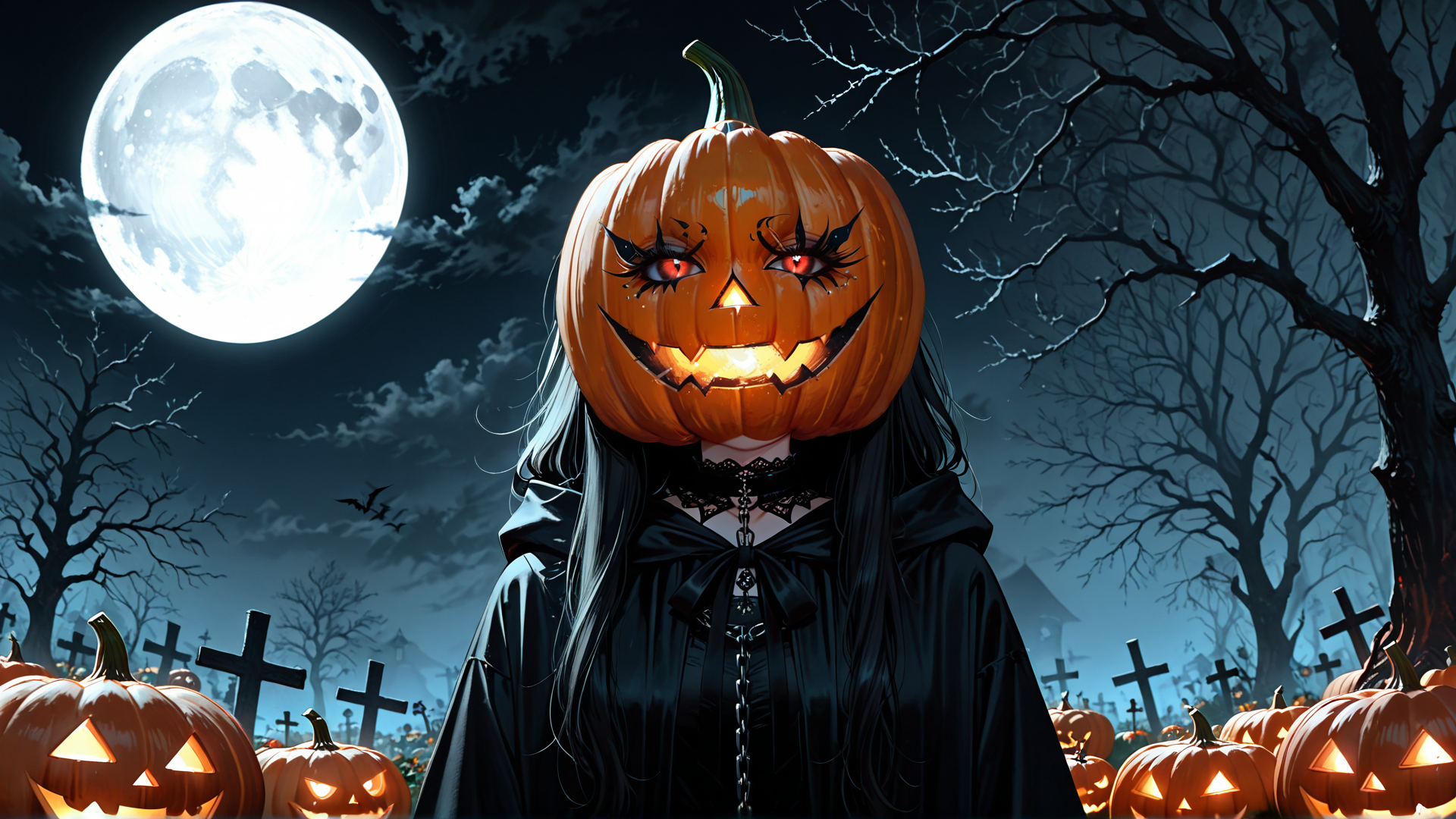 AI generated wallpaper featuring pumpkin, woman, moon, trees, crosses, jack-o'-lanterns, bat, cape, cemetery