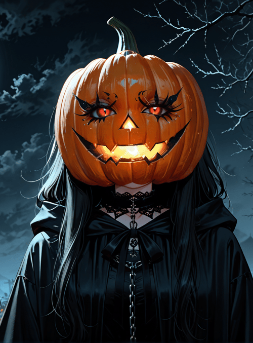 pumpkin, woman, moon, trees, crosses, jack-o'-lanterns, bat, cape, cemetery