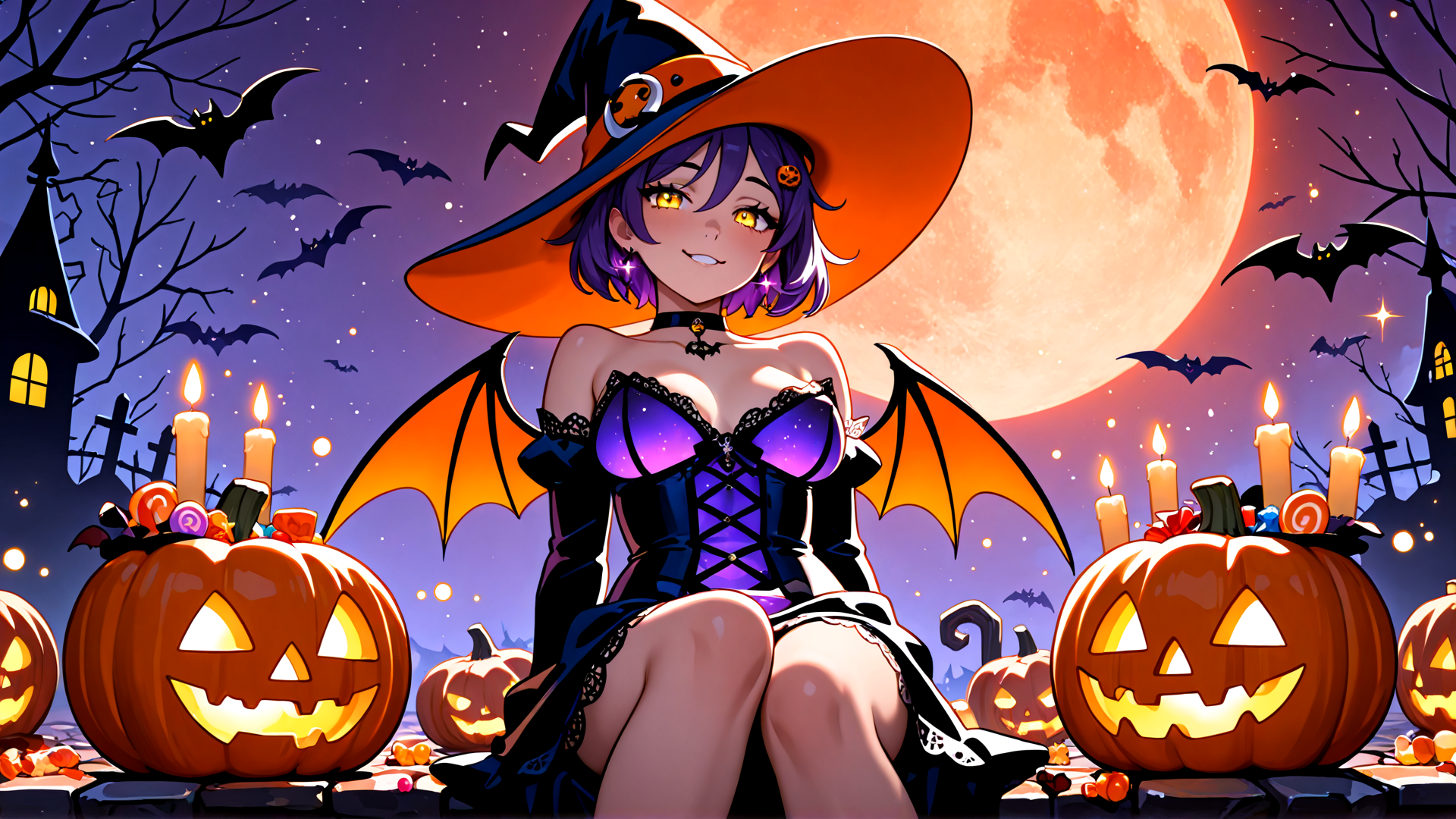 AI generated wallpaper featuring witch, pumpkin, bat, candle, moon, candy, castle, wing, dress, hat