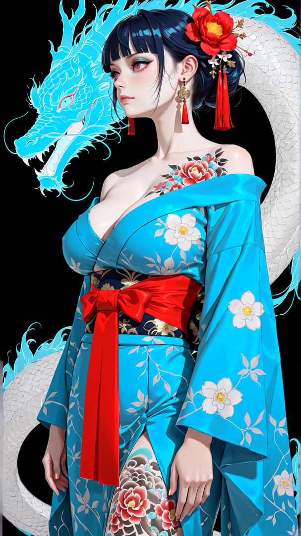 AI generated wallpaper featuring woman, dragon, kimono, flower, tatoo, earring