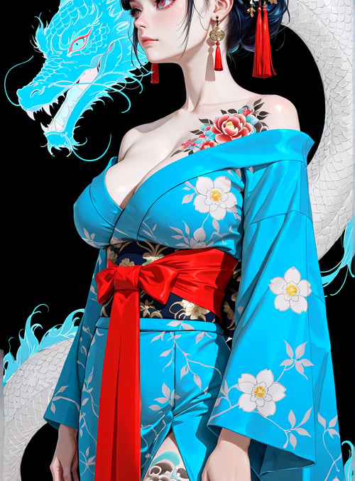 woman, dragon, kimono, flower, tatoo, earring