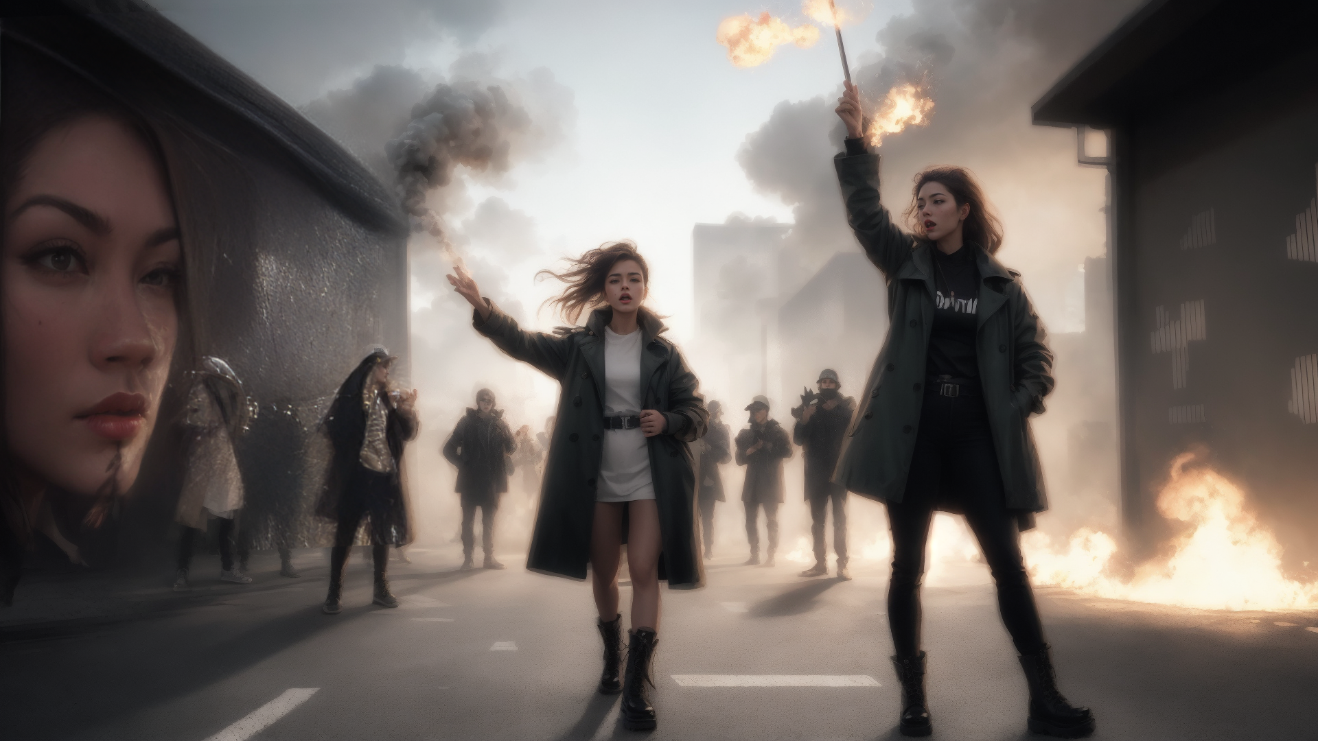 AI generated wallpaper featuring protesters, fire, smoke