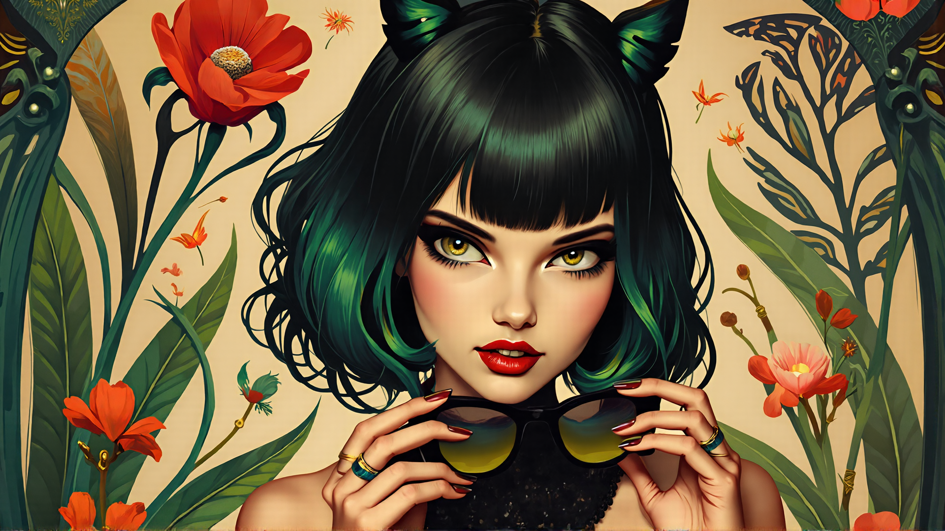 AI generated wallpaper featuring woman, cat ears, sunglasses, flowers, leaves, hair, nails, rings, dress, eyes
