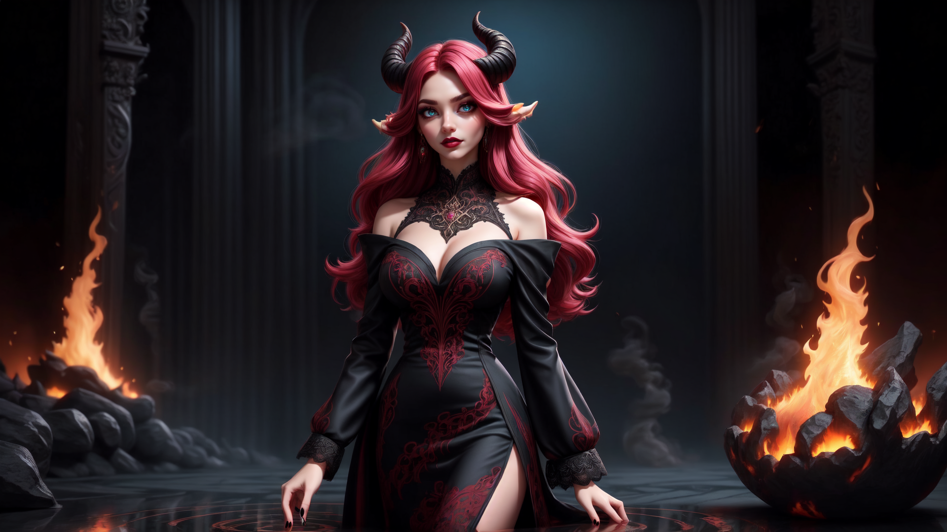 AI generated wallpaper featuring demon, woman, horns, fire, cauldron, lace, red hair, black dress, ears, fireplace