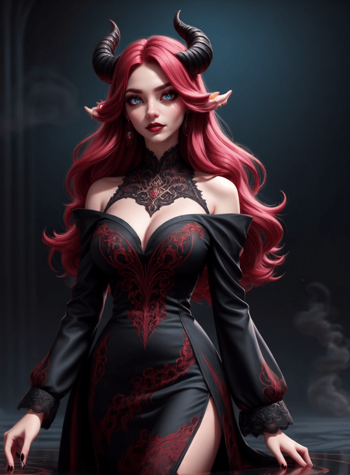 demon, woman, horns, fire, cauldron, lace, red hair, black dress, ears, fireplace