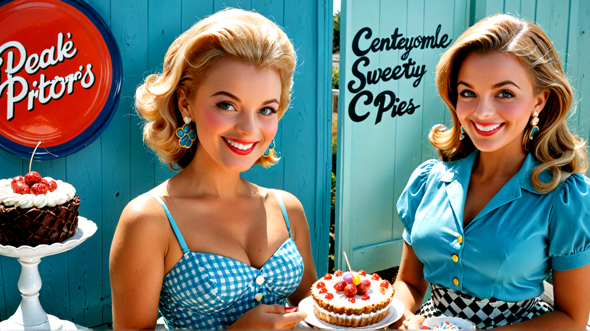 AI generated wallpaper featuring women, cake, pies, bakery, signs
