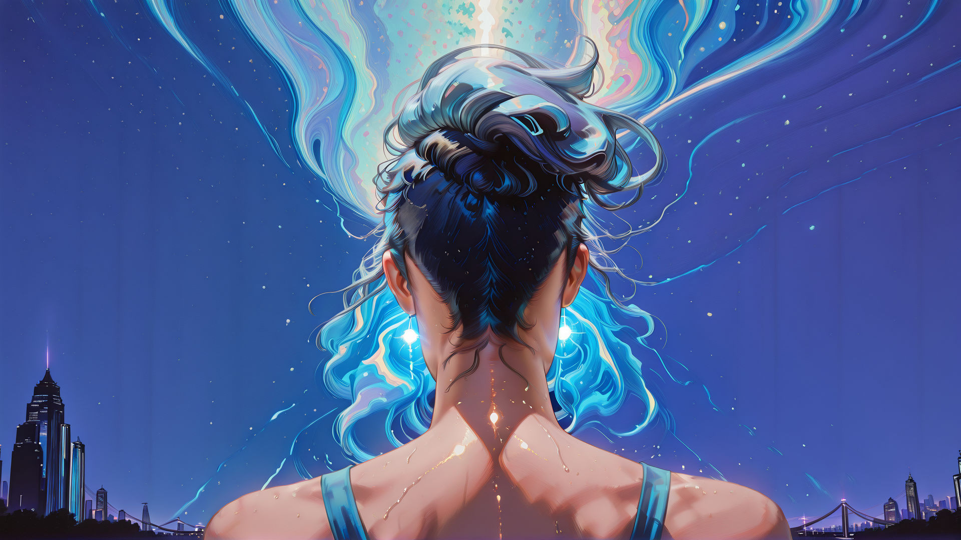 AI generated wallpaper featuring woman, hair, cityscape, sky, back