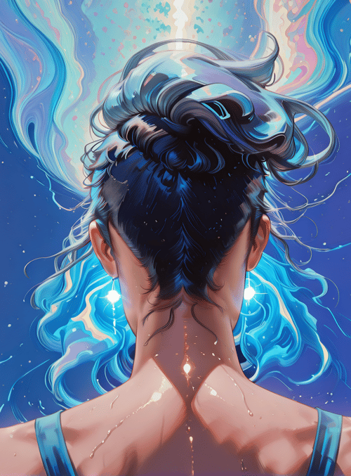 woman, hair, cityscape, sky, back