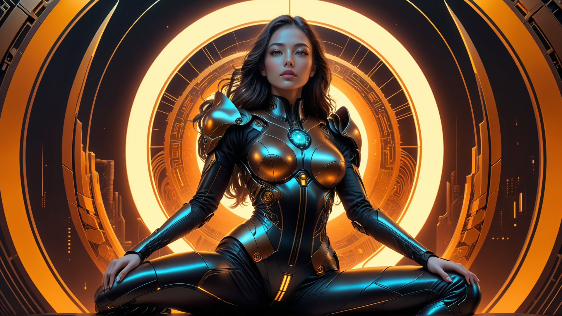 AI generated wallpaper featuring woman, cyborg, armor, futuristic, suit, circular, portal