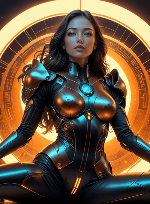 woman, cyborg, armor, futuristic, suit, circular, portal