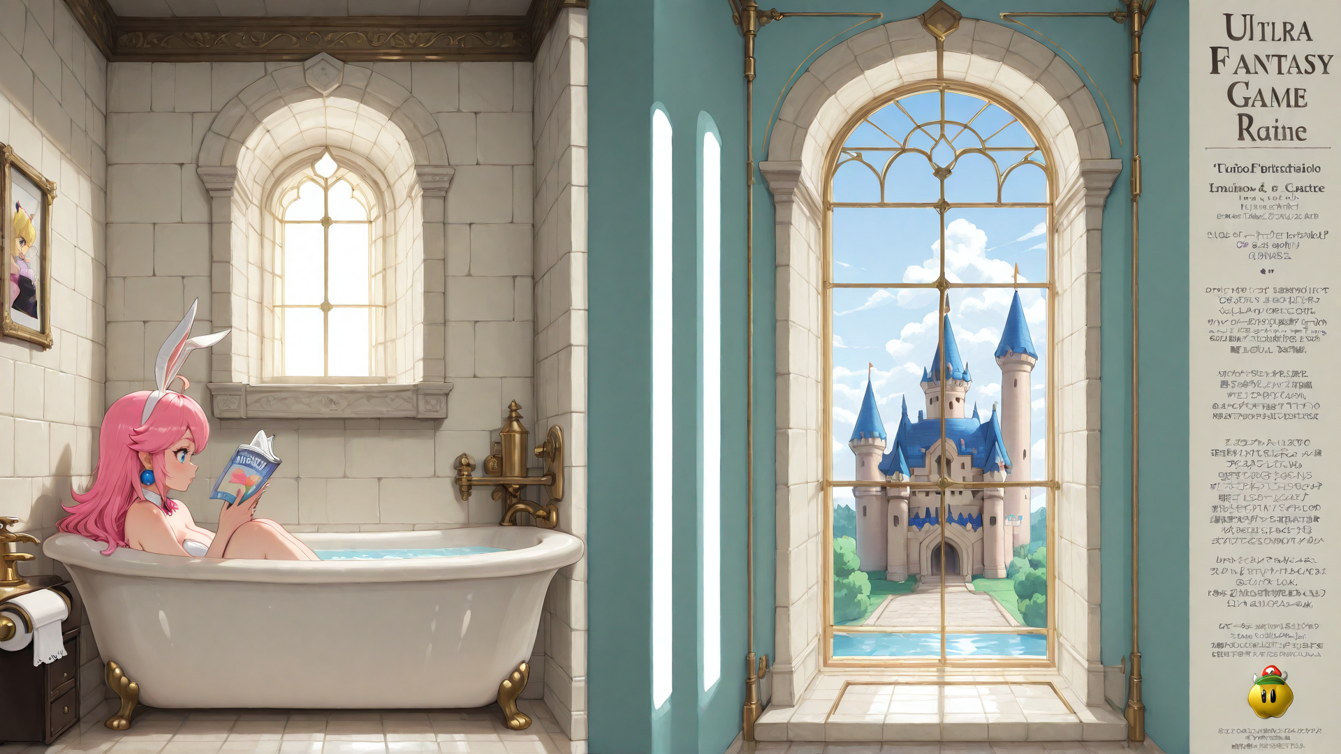 AI generated wallpaper featuring girl, bathtub, castle, book, window, bunny ears, towel, tiles, painting, fountain