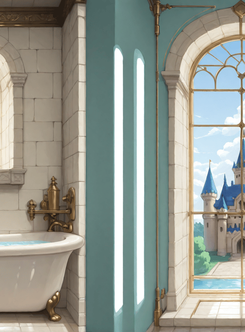 girl, bathtub, castle, book, window, bunny ears, towel, tiles, painting, fountain