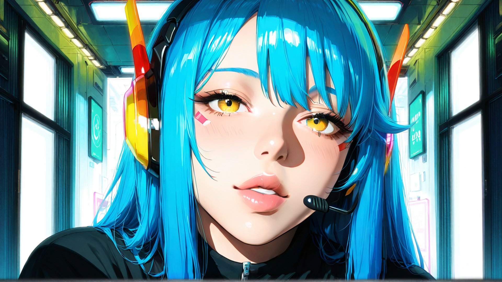 AI generated wallpaper featuring girl, headphones, blue hair, microphone, cityscape