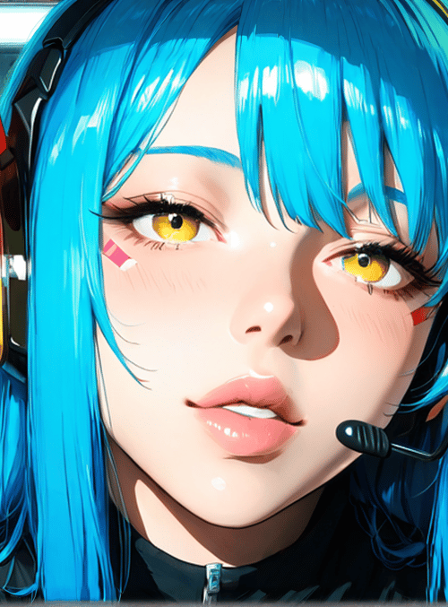 girl, headphones, blue hair, microphone, cityscape